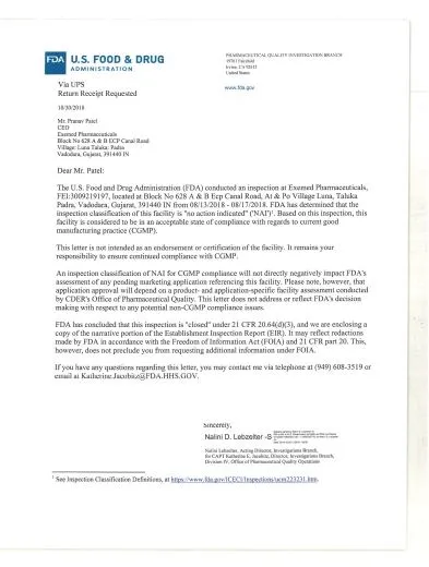 US FDA inspection letter, first page