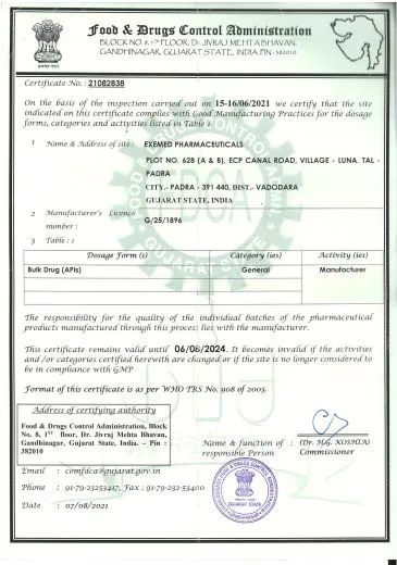 WHO GMP Certificate, first page